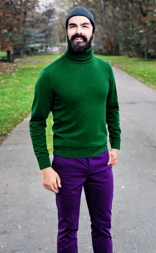 Prompt: a young man with a chin - style dark brown beard without mustache in a dark black cap, green turtleneck, purple pants and super white sneakers in full height, perfect face, without mustache, mark vanderloo face