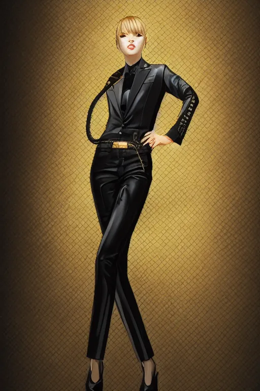 Image similar to yakuza slim girl, gold suit jacket in snake print, jacket over bare torso, yakuza tattoo on body, black short curtain haircut, black leather pants with black belt, portrait, elegant, 2d, ultra highly detailed, digital painting, smooth, sharp focus, artstation, art by Ilya Kuvshinov, rossdraws