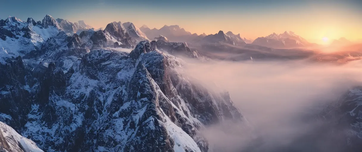 Image similar to a photorealistic breathtaking view of the eastern snow covered alps mountain range at sunrise, cliffs, volumetric light, haze, fog, snow, hyperrealism, rock edge, highly detailed, intricate, cinematic, front facing camera, cinematic, epic lighting, 8 k