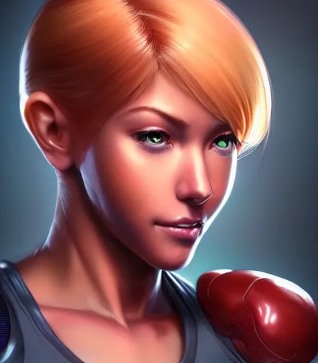 Prompt: beautiful portrait of a gorgeous personal trainer who looks like Samus Aran , character design by charlie bowater, ross tran, artgerm, and makoto shinkai, detailed, soft lighting, rendered in octane