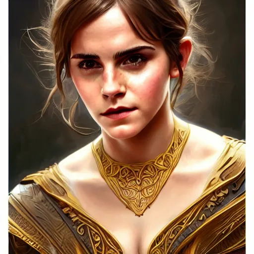 Prompt: portrait of emma watson, muscular, upper body,big chest, amazon warrior, fantasy, intricate, elegant, highly detailed, digital painting, artstation, concept art, matte, sharp focus, illustration, art by Artgerm and Greg Rutkowski and Alphonse Mucha