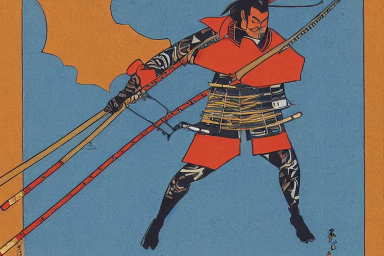 Image similar to a ronin samurai holding a fishing rod, a blue crescent lake by satoshi kon by justing gerard