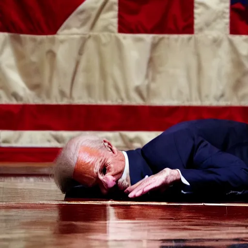 Prompt: president joe biden assasinated on stage lying on the floor dead