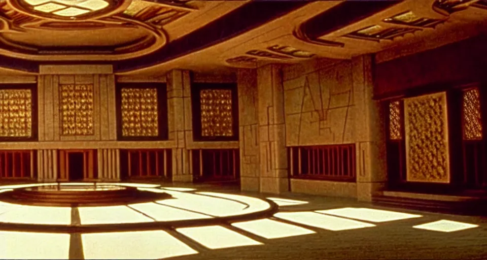 Image similar to An establishing shot from a 2021 fantasy film of the interior of an opulent palace designed by Frank Lloyd Wright. Incredibly beautiful.