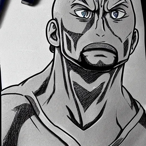 Image similar to dwayne johnson as manga character of one piece, ultra detail sketch