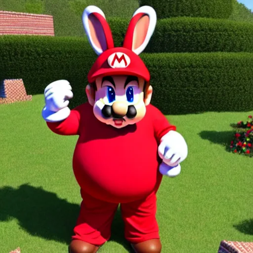 Image similar to real life big chungus dressed like mario, super mario with bunny ears, big chungus, fat bugs bunny, high resolution photo