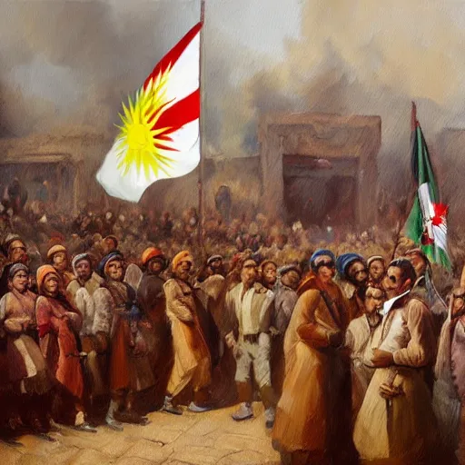 Image similar to a painting of a group of kurdish people standing around a signed declaration of independence for kurdistan, an oil painting by ilya ostroukhov, featured on deviantart, socialist realism, ilya kuvshinov, movie still, oil on canvas