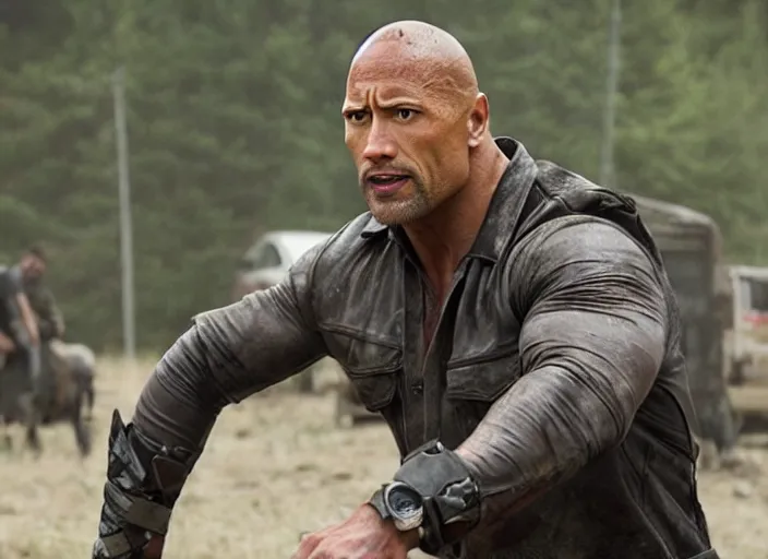 Image similar to film still of dwayne the rock johnson as rick grimes in the new walking dead tv series, 4 k