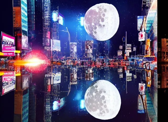 Image similar to film still of the moon shattering into pieces exploding moon over time square in the new disaster, 8 k, night time