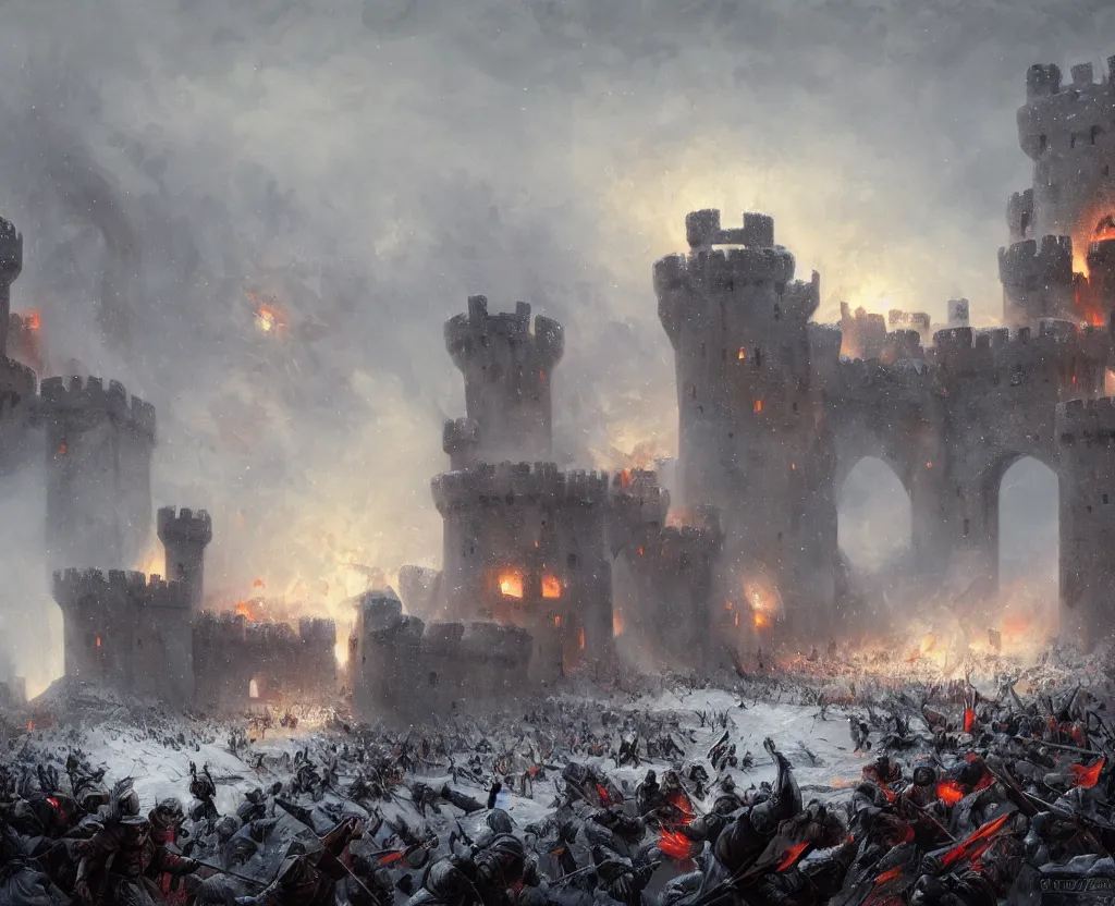 Image similar to Siege of a medieval castle in winter while two great armies face each other fighting below and catapults throw stones at the castle destroying its stone walls, heavy snow storm, fantasy, medieval, fire, explosions and grey smoke here and there, highly detailed, Artstation, oil on canvas painting by greg rutkowski