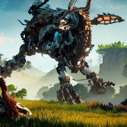 Image similar to cinematic still of horizon zero dawn, si - fi robotic dragon, highly detailed