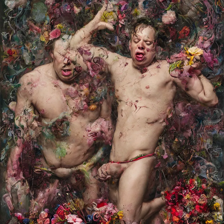 Image similar to male portrait of todd solondz eating rotten flesh and puking blood wearing a thong, surrounded by flowers by francis bacon, karol bak, james jean, tom bagshaw, rococo, trending on artstation, cinematic lighting, hyper realism, dramatic, emotional, octane render, 8 k, hyper detailed.