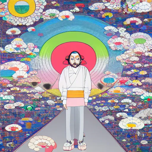 Image similar to a man walking on clouds away from the camera above kyoto by takashi murakami, beeple and james jean, aya takano color style, 4 k, super detailed, modern, 4 k, symmetrical