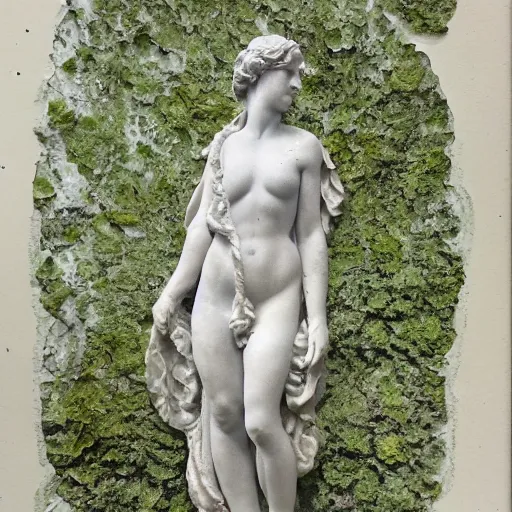 Image similar to delicate marble statue in a garden, stony, puffy, botanical herbarium paper, botanic, watercolors, pencil, iridescent colors, 8 k, realistic shaded, fine details, artstation, italian, colonnade, hydrangea, vines, gardena architecture, pompeii