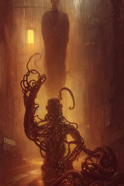 Image similar to , h p lovecraft with octopus tentacles and head of the cthulhu hyperrealistic portrait, bladerunner street, art of elysium by jeremy mann and alphonse mucha and greg rutkowski, fantasy art, photo realistic, dynamic lighting, artstation, poster, volumetric lighting, very detailed face, 4 k, award winning