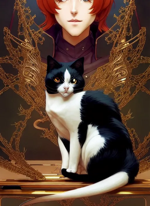 Image similar to ein from cowboy bebop playing with a tuxedo cat, intricate, elegant, hyper detailed, ultra definition, photoreal, artstation, unreal engine rendered, concept art, smooth, sharp focus, illustration, art by artgerm and greg rutkowski and alphonse mucha and garis edelweiss