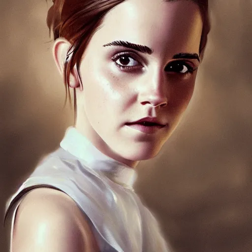 Image similar to detailed painting of emma watson wearing a cat maid outfit, 8 k, by greg rutkowski, artgerm, global illumination