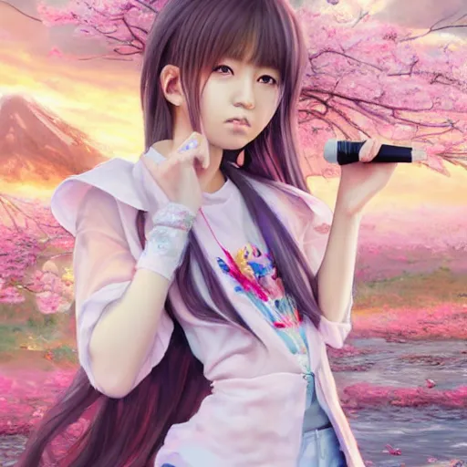 Image similar to dynamic composition, motion, ultra-detailed, incredibly detailed, a lot of details, amazing fine details and brush strokes, gentle palette, smooth, HD semirealistic anime CG concept art digital painting, watercolor oil painting of a young J-Pop idol girl, by a Japanese artist at ArtStation. Realistic artwork of a Japanese videogame, soft and harmonic colors.