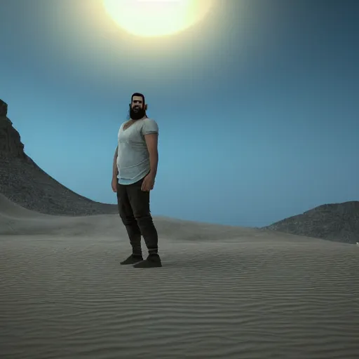 Image similar to real life photo of a Syrian man, short dark hair, goatee and moustache, blue watery eyes, full round face, short smile, serene desert setting, cinematic lightning, medium shot, mid-shot, highly detailed, trending on artstation, Unreal Engine 4k, 80mm, 85mm, cinematic wallpaper