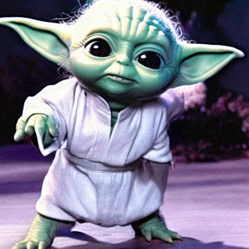 Image similar to promotional image of Betty White as baby yoda dancing.