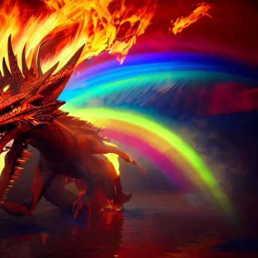 Prompt: dragon that is on fire breathing rainbow fire, surreal, sharp focus, digital art, epic composition, concept art, dynamic lighting, intricate, highly detailed, 8 k, unreal engine, blender render