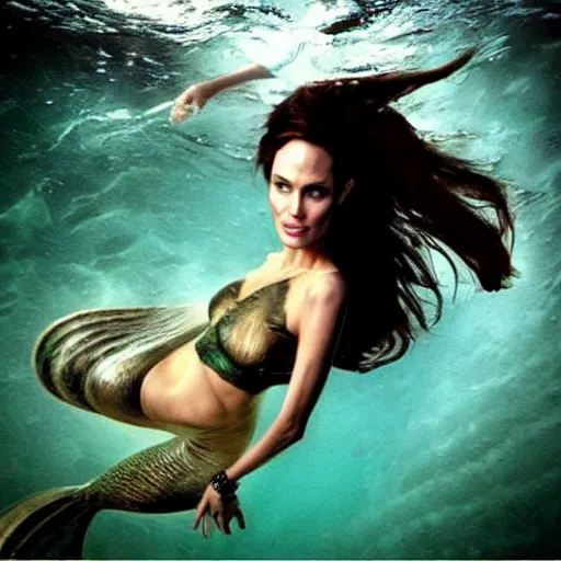 Prompt: “Tomb rider Angelina Jolie as a mermaid underwater”