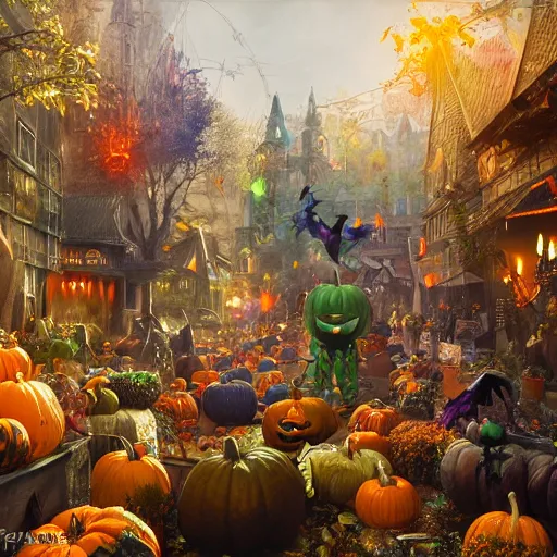 Image similar to colorful potions at the halloween harvest festival, volumetric lighting, 8 k octane beautifully detailed render, post - processing, extremely hyper - detailed, intricate, epic composition, cinematic lighting, masterpiece, trending on artstation, detailed detailed detailed, masterpiece, stunning art by anders zorn, wonderful masterpiece by greg rutkowski, beautiful cinematic light,