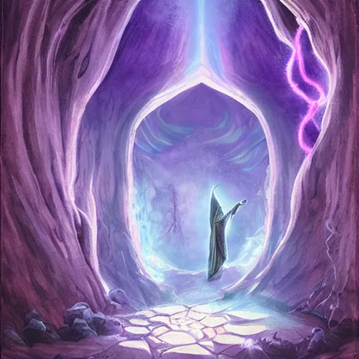 Image similar to Wizard Stepping Through the Glowing Purple Portal to the Holy Mountain Temple, Epic Fantasy Painting, Noita