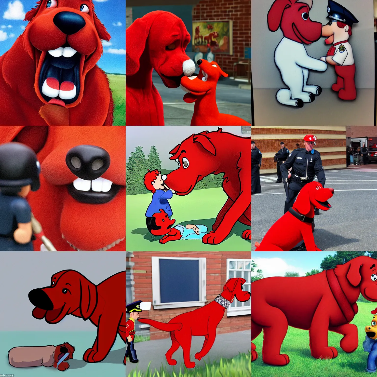 Prompt: Clifford the big red dog eating a police officer, ultra realistic, highly detailed