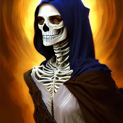 Prompt: Portrait of skeleton wearing a robe, D&D, blue eyes, fantasy, intricate, elegant, highly detailed, digital painting, artstation, concept art, smooth, sharp focus, illustration, art by artgerm and greg rutkowski and alphonse mucha