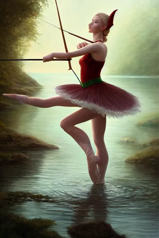 Image similar to elegant elf ballerina fishing in lake, highly detailed, d & d, fantasy, highly detailed, digital painting, trending on artstation, concept art, sharp focus, illustration, global illumination, ray tracing, realistic shaded, art by artgerm and greg rutkowski and fuji choko and viktoria gavrilenko and hoang lap