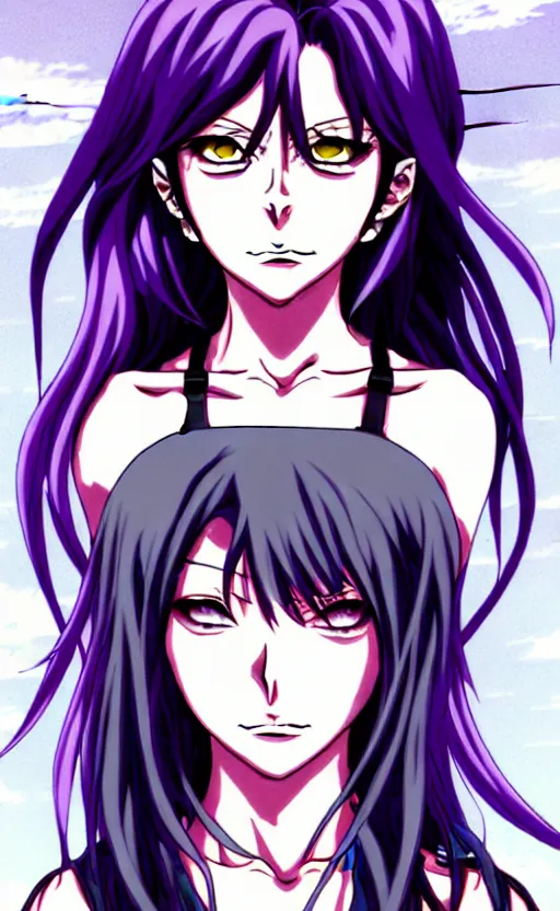 Prompt: style of madhouse studio anime, black lagoon manga, loish, artgerm, comic art, portrait of revy from black lagoon, symmetrical eyes and symmetrical face, jean shorts, white tank top, purple hair, sarcastic evil smirk on face, sky and ocean background