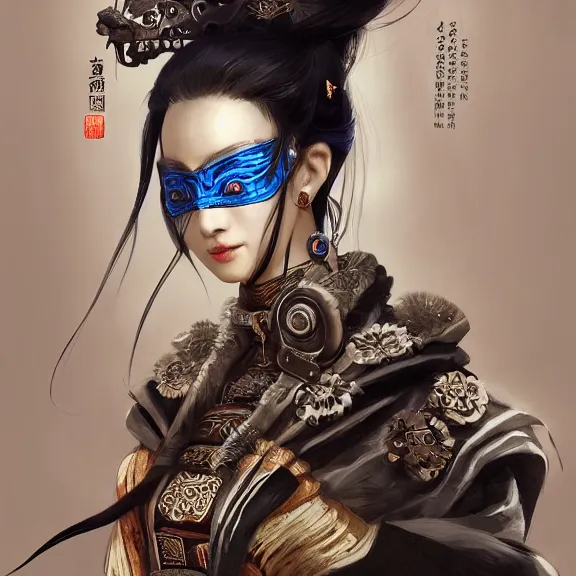 Prompt: ancient chinese princess with steampunk mask, dynasty warriors, headshot, elegant, unreal engine, 8 k, blue color scheme, headshot, highly detailed, smooth, ink painting, artstation, concept art, in style of yoji shinkawa, pan ren wei, col price, atey ghailan, by greg rutkowski, aesthetic