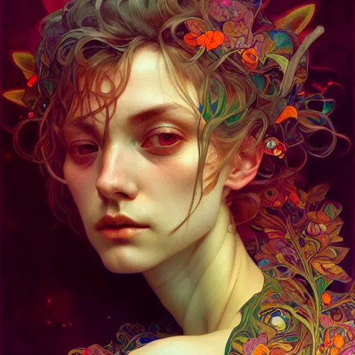 Image similar to An extremely psychedelic portrait, surreal, LSD, face, detailed, intricate, elegant, lithe, highly detailed, digital painting, artstation, concept art, smooth, sharp focus, illustration, art by Krenz Cushart and Artem Demura and alphonse mucha