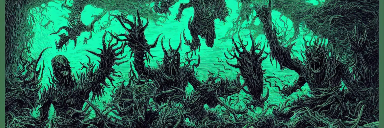 Prompt: 3d render of a hellspawn demon greeting souls of sinners at the gates of the River Styx by Dan Mumford and Josan Gonzalez and Feng Zhu and Loish and Stephen Gammell: 1, black border: 0.75, vibrant: 0.75, psychedelic, green: 0.5, blue: 0.5