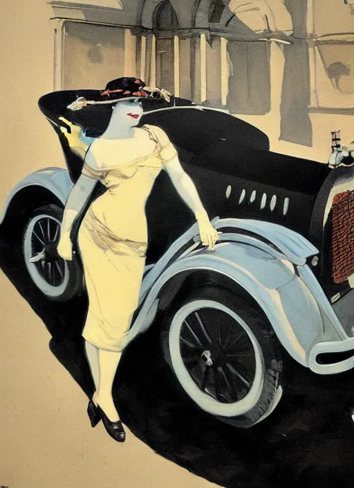 Prompt: a painting of a woman posing in front of a 1920's car by Louis Icart, highly detailed, masterpiece, trending on ArtStation, ultra realistic