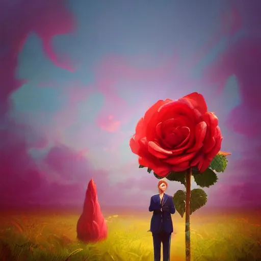 Image similar to giant rose flower head, frontal, girl in a suit, surreal photography, sunrise, dramatic light, impressionist painting, digital painting, artstation, simon stalenhag