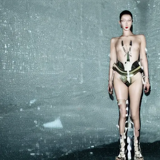 Prompt: bella hadid as maison margiela model on rammstein show. alexander mcqueen best fashion performance. exposure. mysterious. tape photo. processing. lost photo. deep dream effect. award wining photography.. perfect composition. photography masterpiece.