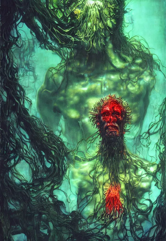 Image similar to ( underwater ) middle length portrait of a living goo glowing cyborg leshy, cinematic light, looking to the side off camera, backlight glow, green bright red, mist, by mikhail vrubel, by philippe druillet, by peter elson, by gerald brom, muted colors, extreme detail, trending on artstation, 8 k