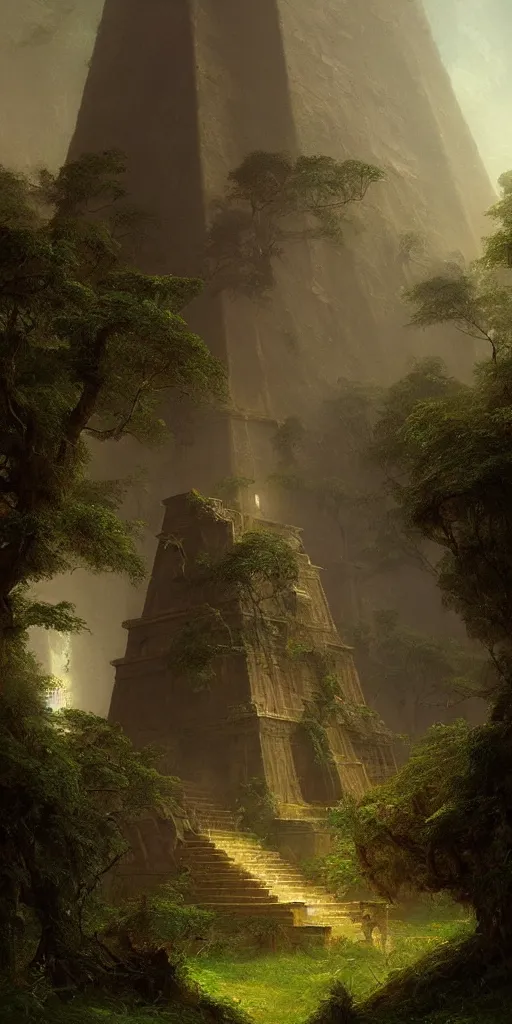 Image similar to ancient pyramid, overgrown undergrowth vegitation, dark volumentric ambient lighting, painting by thomas cole and greg rutkowski