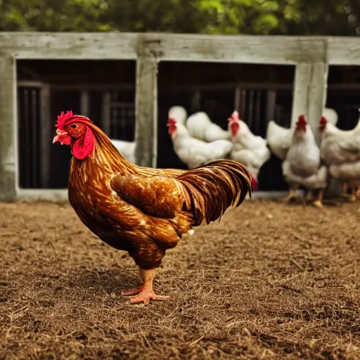 Image similar to photo of a chicken with no head stand in a farm with other regular chickens, higly detailed, 8 k, photorealistic