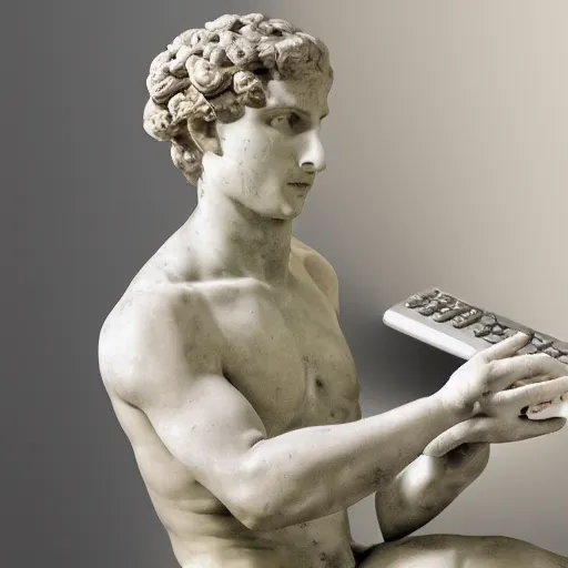 Prompt: a roman marble sculpture a person using a computer