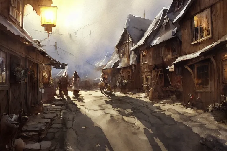 Prompt: watercolor painting of rustic village street, mud, scandinavian mythology, ambient lighting and shadows, art by hans dahl, by jesper ejsing, art by anders zorn, wonderful masterpiece by greg rutkowski, cinematic light, american romanticism by greg manchess, creation by tyler edlin