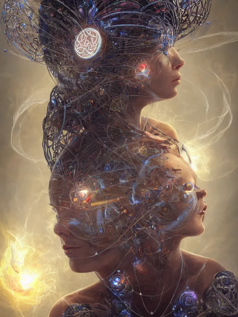 Image similar to an ancient mystical alluring female shaman generating flowing energy and surrounded by wisps of incense smoke sits meditating in a magical cybernetic robot temple, face face face, by karol bak and artgerm, 3 d, cinema 4 d render, trending on artstation