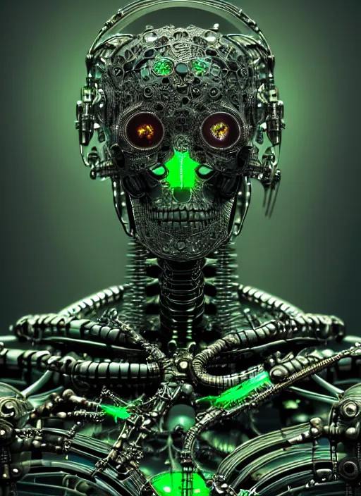 Image similar to a photorealistic detailed close up portrait of a cybernetic, bionic, metal skeleton, black and green only, intricate, elegant, highly detailed, digital painting, artstation, concept art, smooth, sharp focus, illustration, art by hana yata, artem demura, alphonse mucha, octane render, unreal engine, 8 k