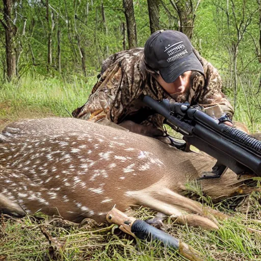 Prompt: Photograph of a deer pointing a rifle at a hunter