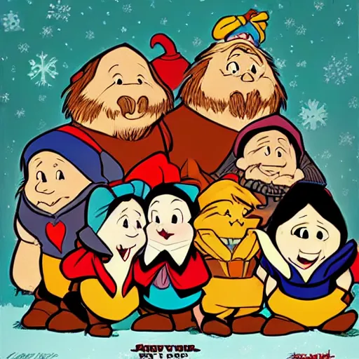 Image similar to snow white and the seven dwarfs, artwork by skottie young