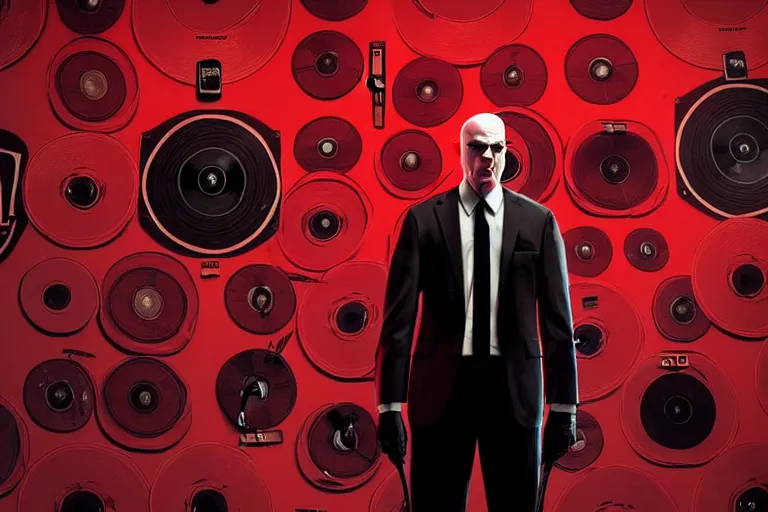 Image similar to an expressive portrait of agent 4 7 from hitman wearing headphones standing in front of a wall of vinyl records, speakers and cables, dark background, red rim light, digital art, artstation, concept art by giger stalenhag