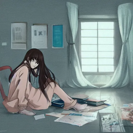 Image similar to concept art of the depressed student in her apartment, anime fantasy illustration by tomoyuki yamasaki, kyoto studio, madhouse, ufotable, trending on artstation