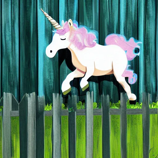 Prompt: an overweight unicorn hopping over a fence, digital painting